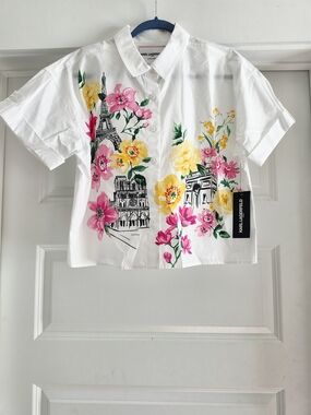 Karl Lagerfeld White Button-Down Shirt with Pink & Yellow Floral and Paris Motif